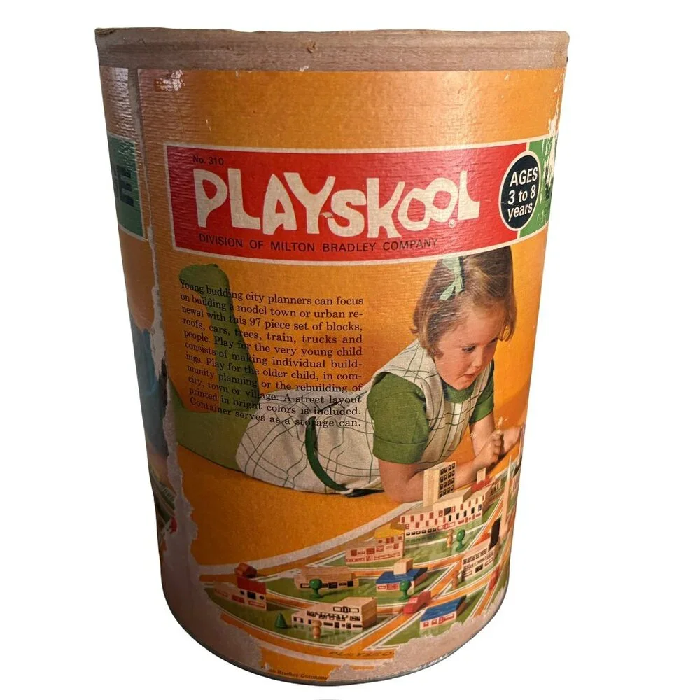 Vintage • 1970's Playskool: Village Wooden Blocks & Street Layout‎ In Container